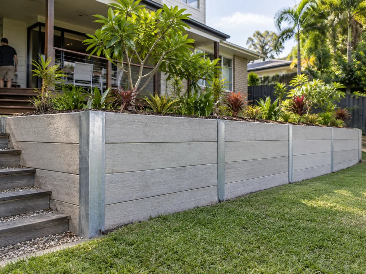Illustrative concrete retaining wall beside a landscaped garden